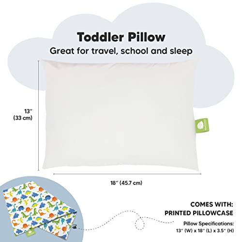 Toddler Pillow with Pillowcase - 13x18 My Little Dreamy Kids Travel Bed Pillows for Sleeping, Organic Cotton Small Pillowcase, Soft & Breathable, Machine Washable, Toddlers 2-5 Years Old (Happy Dino)