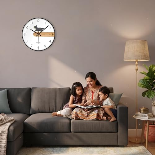 Image of Cute Cat Wall Clock for Home Decor Non-Ticking Silent Wall Clock | Modern Wall Watch for Hall, Living Room, Office & Bedroom | Fancy Wall Clocks for Kids Room | Round Easy-to-Read Wall Watch