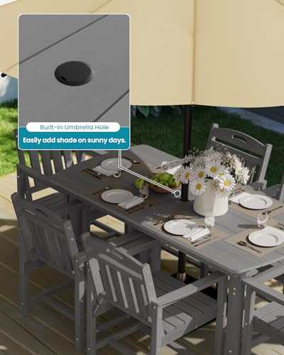 Image of Ciokea HDPE Outdoor Dining Table with Umbrella Hole,66 inch Rectangle Patio Table for 6,All-Weather Outdoor Patio Furniture Set for Garden Backyard,Grey