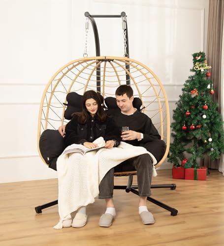 DoubleTT Double Indoor/Outdoor Wicker Swing Egg Chair Hammock Foldable Hanging Loveseat with Stand, UV Resistant Removable Cushions, 700LBS Capacity for Bedroom, Balcony, Garden (Yellow and Black) DoubleTT Double Indoor/Outdoor Wicker Swing Egg Chair Hammock Foldable Hanging Loveseat with Stand, UV Resistant Removable Cushions, 700LBS Capacity for Bedroom, Balcony, Garden (Yellow and Black)