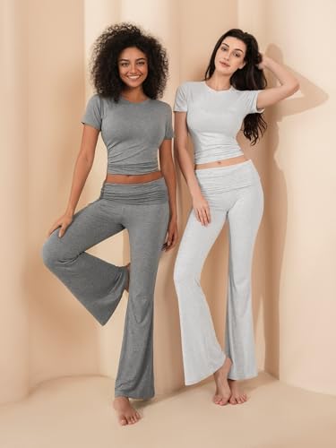 Motarto Women's 2 Piece Lounge Sets Short Sleeve Slim Fit Foldover Flare Pants Crop Top Casual Loungewear PJ3