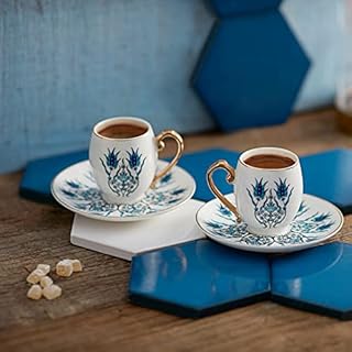 Karaca Iznik Set of 2 Coffee Cups 90 cc, Small Porcelain Espresso Cups and Saucers, Turkish Coffee Cup, Set of 2 Demitasse Cups 3 oz Ounce for Specialty Coffee Drinks, Single/Double Espresso Set