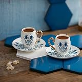 Karaca Iznik Kaffeeservice für 2 Personen, 2x Espressotassen und 2x Untertassen, Mochatassen set aus Porzellan, Cappuccino, Traditional Türkische Kaffeetassen