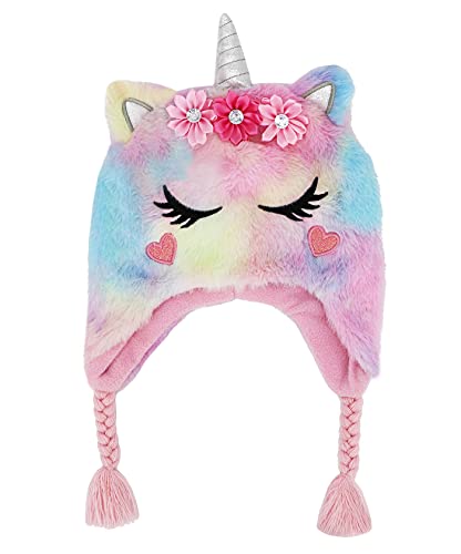 Kids Little Girls Unicorn Beanie Winter Hat Rainbow Faux Fur Plush Fleece Lined Earflap Cap