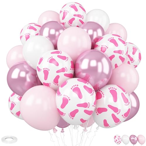 Image of Baby Shower Foot Print Balloons, 30Pcs 12inch Pink White Balloons With Baby Foot Printed Balloon for Girls Baby Shower Gender Reveal Birthday Wedding Decorations