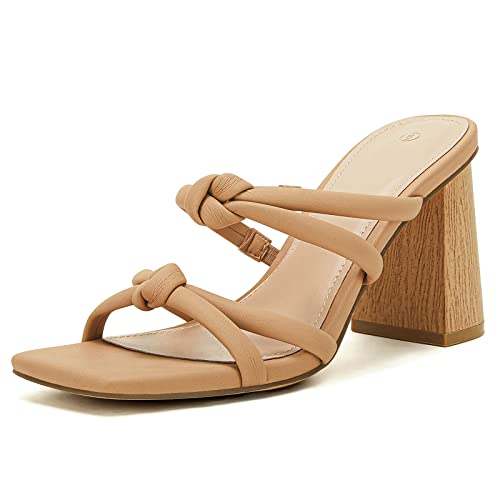 Image of LAICIGO Womens Chunky Block Heels Sandals Square Open Toe Slip on Slides | 3.5In-High Heeled Sandals, Double Knot Strap, Summer Dress Shoes, Work Casual, Vacation, Party
