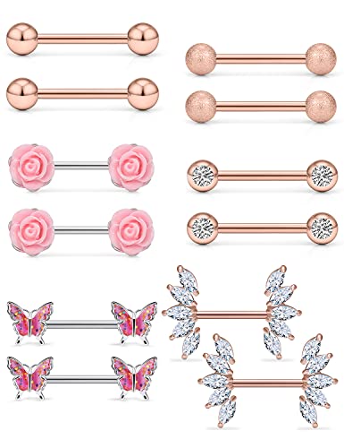 Vsnnsns 14G Nipple Rings for Women Stainless Steel Butterfly Nipple Rings Flower Nipple Piercing Jewelry CZ Nipple Rings Surgical Steel Nipple Jewelry Barbell Body Piercing Jewelry Rose Gold