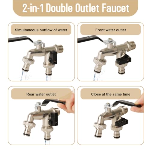 Image of HASTHIP Water Tap, Garden Faucet Splitter, 1 in 2 Out Zinc Alloy Hose Y-Connector, Dual Water Tap Adapter with Individual Shut-Off Valves for Garden, Lawn & Outdoor Irrigation