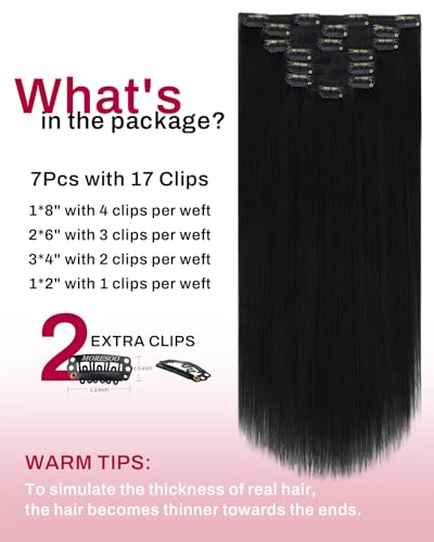 Image of Moresoo Clip in Hair Extensions, 26 Inch Jet Black Thick Volume | Real human hair extensions clip ins, 160g 7pcs, double weft straight hair for added length and party looks
