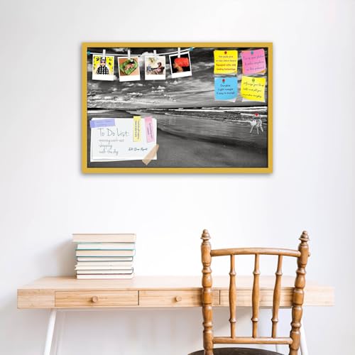 Image of ArtzFolio Sea, Air, & Land Monochrome Contrast | Bulletin Board Notice Pin Board | Vision Soft Board Combo with Thumb Push Pins & Sticky Notes | Golden Frame | 18 x 12 inch (46 x 30 cms)
