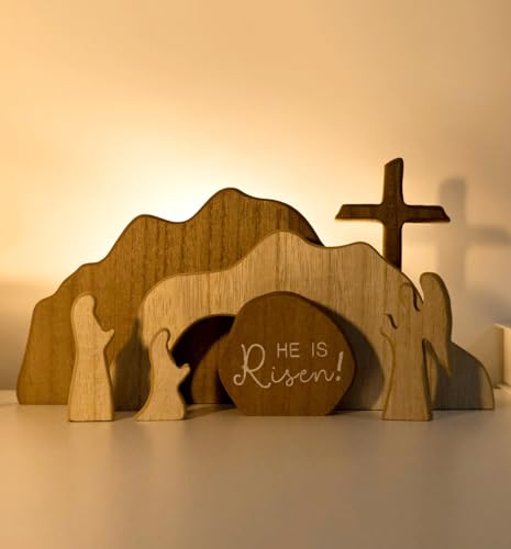 He is RisenEmpty Tomb Scene Spring Easter Decorations Jesus Nativity Resurrection Figurines Set With Wooden Cross For Home Office Table Shelf Mantle Decor Christian Catholic Religious Gifts