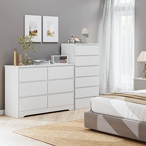 Fotosok 6 Drawer Double Dresser, White Dresser For Bedroom, Modern 6 Chest Of Drawers With Deep Drawers, Wide Storage Organizer Cabinet For Living Room Home #TOP5