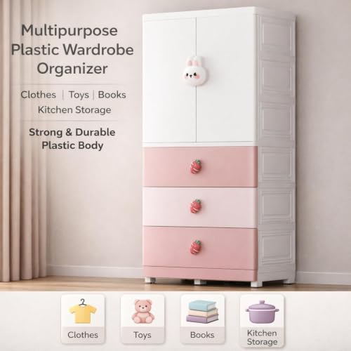 Image of Kids Plastic Collapsible Wardrobe Organizer for Storage with Drawers | Cute Cartoon Design | Heavy Duty Runner Rug Floor Mat Carpets Organizer Bedroom, Living Room (Pink Rabbit, 1+3-Door)