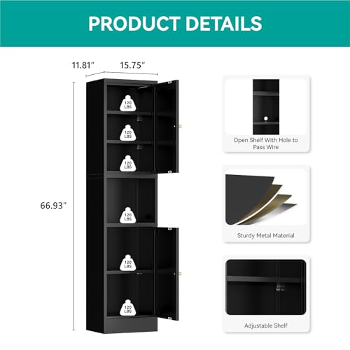 Image of 67 inch Tall Narrow Storage Cabinet with Doors and Open Shelf,Metal Pantry Cabinet,Shaker Style Slim Cabinet with Adjustable Shelves,for Bathroom Kitchen Laundry Small Spaces, Black, 1Pc