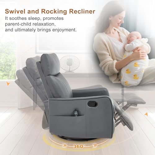 Image of Manual Swivel Rocker Recliner Chair for Adults, Overstuffed Reclining Glider Chair for Nursing with Vibration Massage & Heat, Living Room Rocking Recliner 2-Stage backrest, Faux Leather Gray