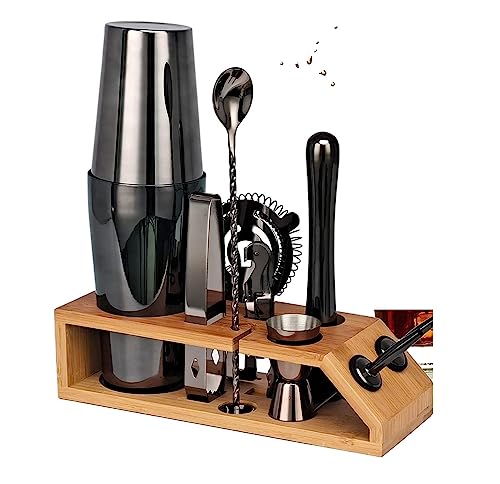 DANNMPX Kit Cocktail Juego De Coctelera Boston 10 Piezas, Kit Camarero Acero Inoxidable con Herramientas Barra Soporte para Casera Juego De Coctéles(Black)