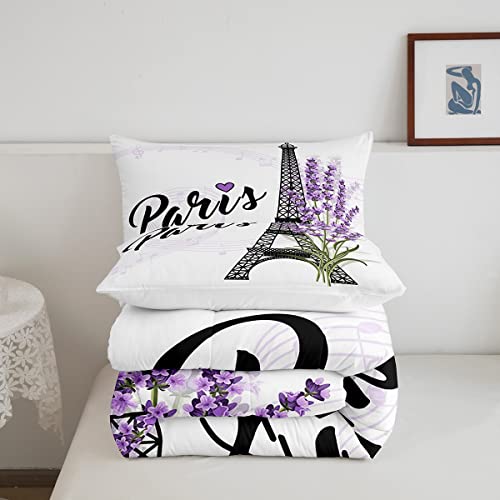 Eiffel Tower Comforter Set Purple Lavender Flowers Print Bedding Set, Romantic Paris City Floral Style Decor For Kids Girls Boys Teens, Queen Size 3Pcs Polyester Quilt Duvet For Dorm Bedroom #TOP4