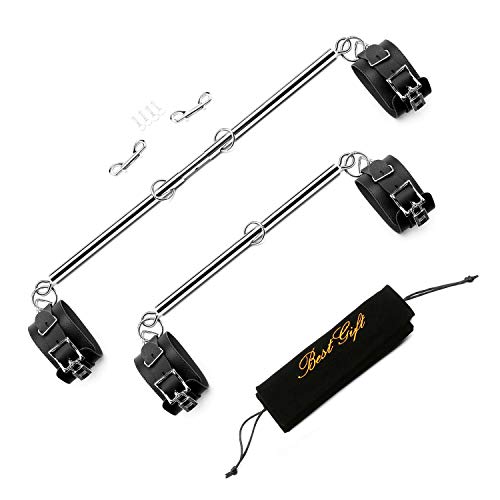 TMEOIIPY Home Yoga bar, 2Pcs Silver Pilates Exercise Spreader Bar with 4 Black Adjustable Strap, Exercise Guide, 4 Rings, Stainless Steel Sports Aid Training Fitness Gear Home Gym Yoga Set