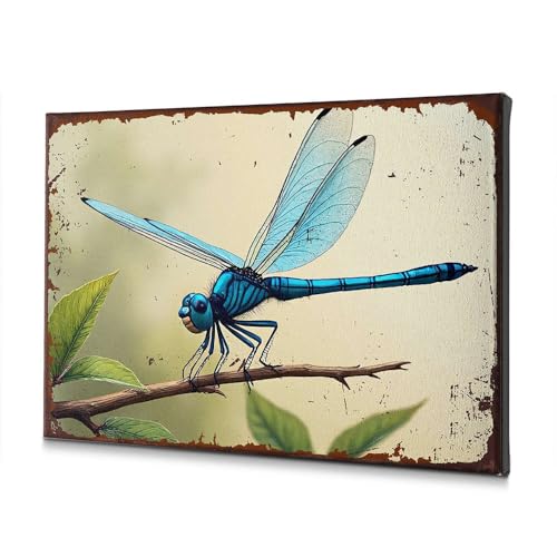 Tableau libellule bleue sur branche décoration toile 30x40 cm