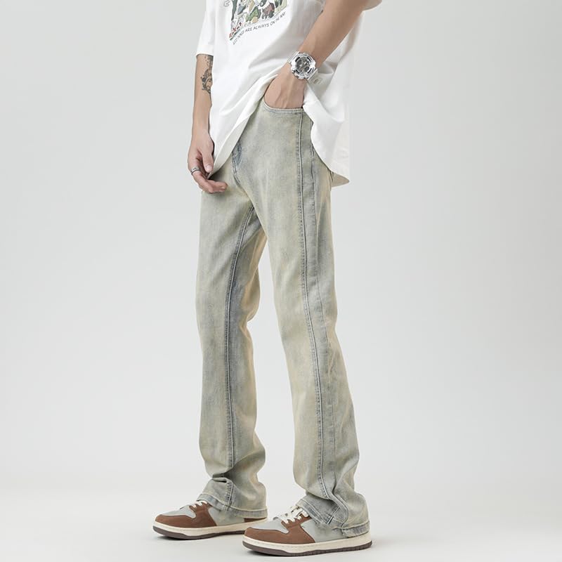 Men's Pale Yellow Straight Leg Jeans Summer Casual Long Pants3