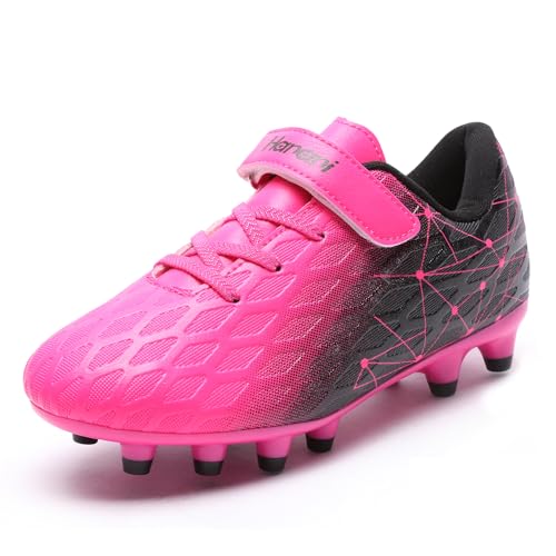 Hanani Boys Girls Soccer Cleats Kids Football Shoes Youth Baseball Cleat Outdoor & Indoor Firm Ground Soccer Shoe chool Performance Futsal Sneaker (Little Kids/Big Kids) Fuchsia Black