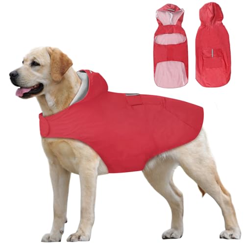 Idepet Chubasquero para Perros con Capucha y Cuello,Poncho Impermeable para Lluvia para Perros Chaqueta de Lluvia para Perros Sudaderas a Prueba de Viento Perros pequeños, medianos y Grandes Rojo