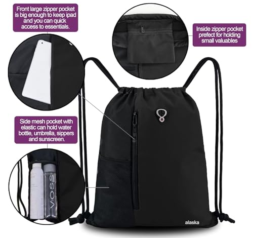 Image of ALASKA Drawstring Backpack Sports Gym Bag Large Size (18 Inch x 14 Inch) for Women & Men, Large Size With Two Zipper Pockets and Water Bottle Mesh Pocket.