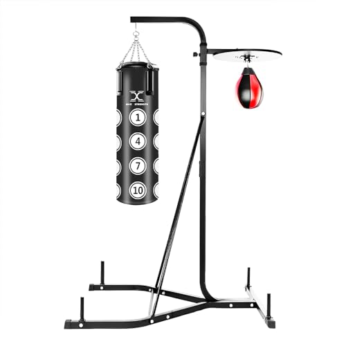 Max Strength 2 Way Free Standing punch bag Frame 6'2" high and 4' filled Punching bag with Speedball Platform set in black colour (Frame with Hanging Punch Bag & Speedball)