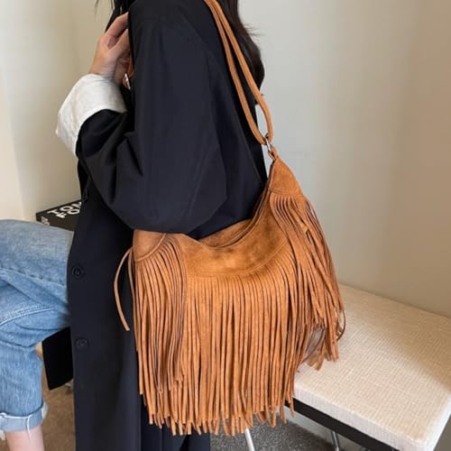 Image of Women Vintage Suede Fringe Hobo Bag Tote Shoulder Bag Crossbody Bag and Hippie Western Cowgirl Purse Shoulder Bag