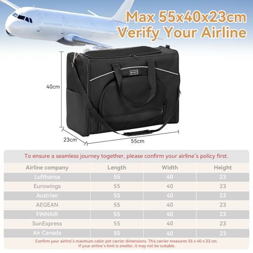 Image of Petsfit Pet Carrier 55x40x23cm Flight Approved,Lightweight Cat Carrier Large Airline Approved, Soft Puppy Cabin Bag for Travel,Foldable Small Dog Two-Way Placement Transport Box with Shoulder Strap