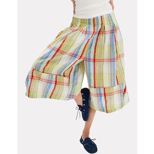 Women's Boho Plaid Culottes Knee Length Y2k Wide Leg Croppped Pants Casual Capri Palazzo Pants2