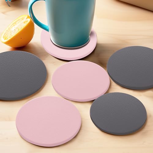 Image of UMAI Tea Coaster Set of 6 with Stand (Dia- 9.8cm, Thick- 2mm)| Coasters for Dinning Table for Hot Pots | Non Slip Mat | Gift for Housewarming | Kitty Party Return Gifts for Women (Grey /Pink)