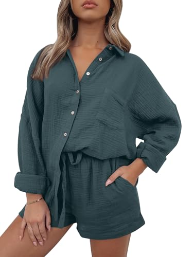 Image of AUTOMET 2 Piece Sets For Women Lounge Wear Matching Two Piece Outfit | Oversized Shirts And Shorts,Summer Outfits 2026,Vacation Beach Outfits,Travel Outfits,Maternity sets