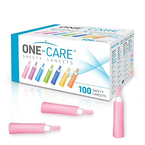ONE-CARE Safety Lancets, 30G x 1.5mm, Push Button Activation, Gentle, Pre-Loaded, 3-Steps Only, Diabetes Testing, Sterile, Finger Self Prick Device, Glucose Monitor, Single Use, 100/Box