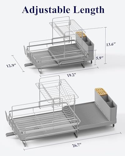 Image of Kitsure Extendable Dish Drying Rack, 19.2 inch-26.7 inch L x 12.9 inch W, 2-Tier | Large Dish Rack, Multifunctional Dish Rack for Kitchen Counter, Anti-Rust Dish Drainers with Cutlery & Cup Holders,Grey