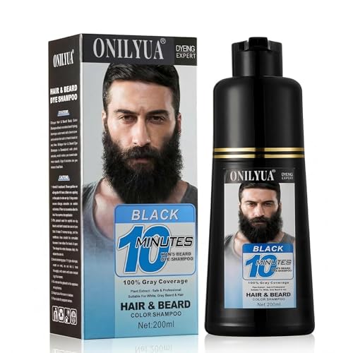 Mens Beard Dye & Hair Dye Shampoo - Semi-Permanent Beard Dye Black Beard Color for Instant Gray Coverage Hair Color Shampoo with Natural Formula Works in 10 Minutes
