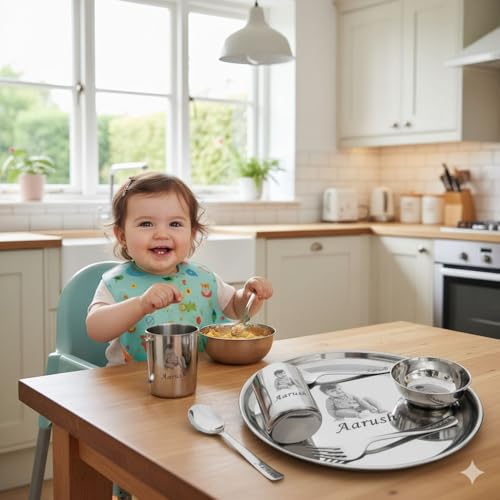 Image of Customized Stainless Steel Thali with Name & Photo Engraving | Ideal Birthday Gift for Boys & Girls | Custom Round Thali Plate Set for Kids
