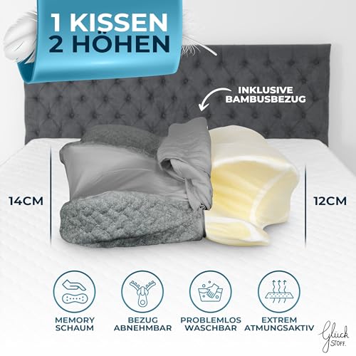 Glückstoff® Ergonomisches Kissen (für alle Schlaftypen) Kopfkissen aus Memory Foam | Nackenstützkissen Ergonomisches Kopfkissen Seitenschläferkissen Grau