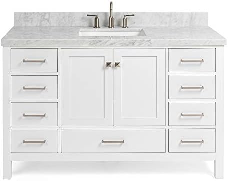 ARIEL 55" Inch Rectangle Sink White Bathroom Vanity Cabinet with Carrara White Marble Countertop | 2 Soft Closing Doors and 9 Full Extension Dovetail Drawers | No Mirror