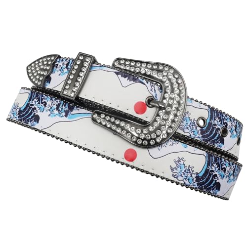 Unisex Studded Belt With Red Sun Snow Mountain Print Strap & Rhinestones Buckle4