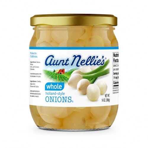 Aunt Nellie’s Whole Holland-Style Onions | Mildly Sweet-Tart and Delicious | Imported Bite-Sized, Plump Onions | Soup, Stews, Casseroles, Cocktails | 14 oz. glass jars (Pack of 1)