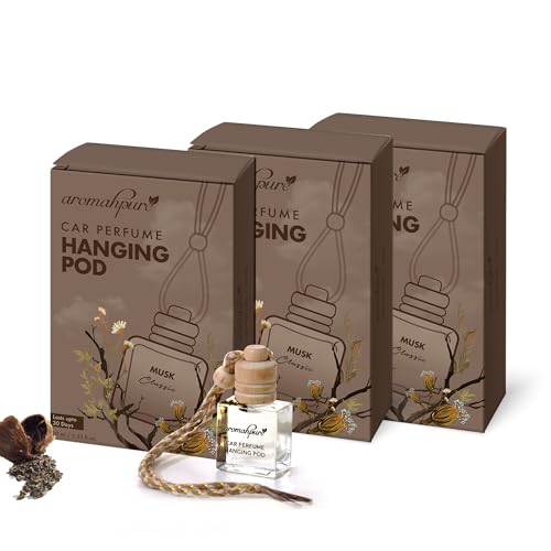 Image of Aromahpure Premium Car Perfume Hanging Pod |10 ML |Musk Fragrance Car Air Freshener |Natural Fragrance Oils in Glass Bottle with Wooden Diffuser Lid |Last upto 30 Days (Pack 3), IFRA certified