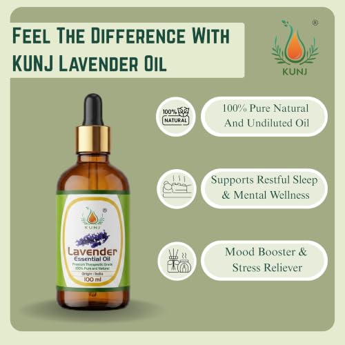 Image of KUNJ Lavender Essential Oil 100ml - 100% Pure & Natural Steam Distilled Oil for Sleep Support, Stress Relief, Relaxation, Aromatherapy, Diffuser & Skin Care