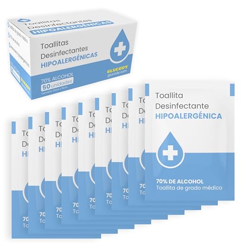 GLUCODY 50pc Toallitas Desinfectantes Con 70% de Alcohol/Toallitas Estériles En Formato Monodosis/Caja Con 50 Toallitas En Formato Monodosis/Alcohol Isopropilico