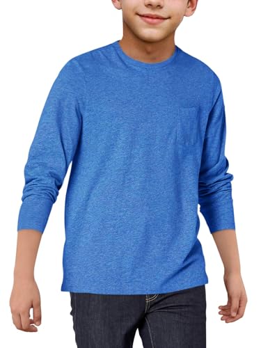 Image of Boys Long Sleeve Shirt Crewneck Solid Color Casual Top with Chest Pocket for Kids 5-14 Years