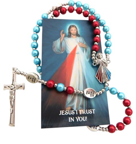 Westmon Works Divine Mercy Rosary Set Colorful Glass Beads and Metal Crucifix and Jesus Centerpiece with Catholic Prayer Holy Card2