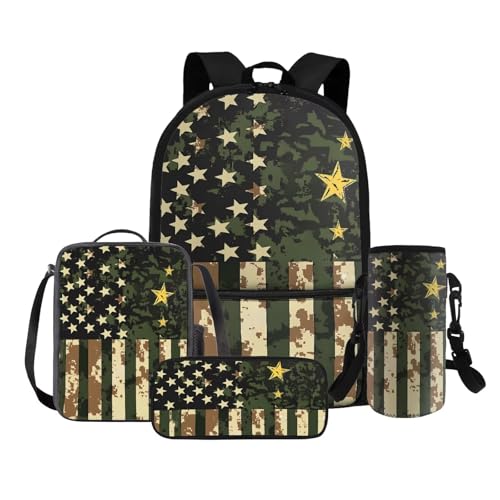 Rnyleeg American Flag Boys Backpack Ages 6-8 8-10 Army Green Kids Bookbag and Lunch Box Set 17 inch School Backpack Set 4 in 1 for Primary Middle Back to School Gifts2