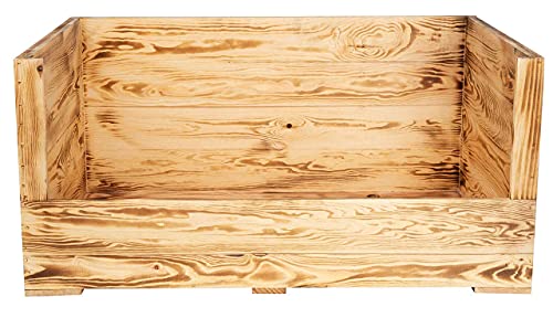 Truhenking Tolles Hundebett aus Holz mit Polsterung Holzkiste mit besonderer Holzmaserung und großem Einstieg| Neu | 90x57x45cm | Hundebett mit dickem & warmen Polster