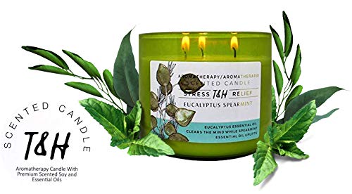 T&H Stress Relief Aromatherapy Candles - All Natural Soy Wax and Essential Oils Long Lasting 16 Ounce 80 Hour Burn (Eucalyptus Spearmint)