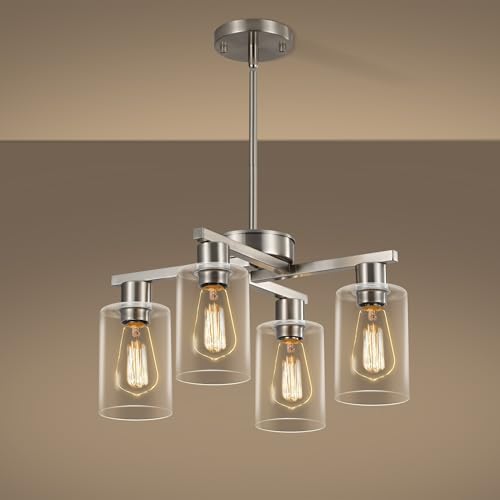 4-Light Modern Farmhouse Brushed Nickel Chandelier, Dining Room Light Fixture